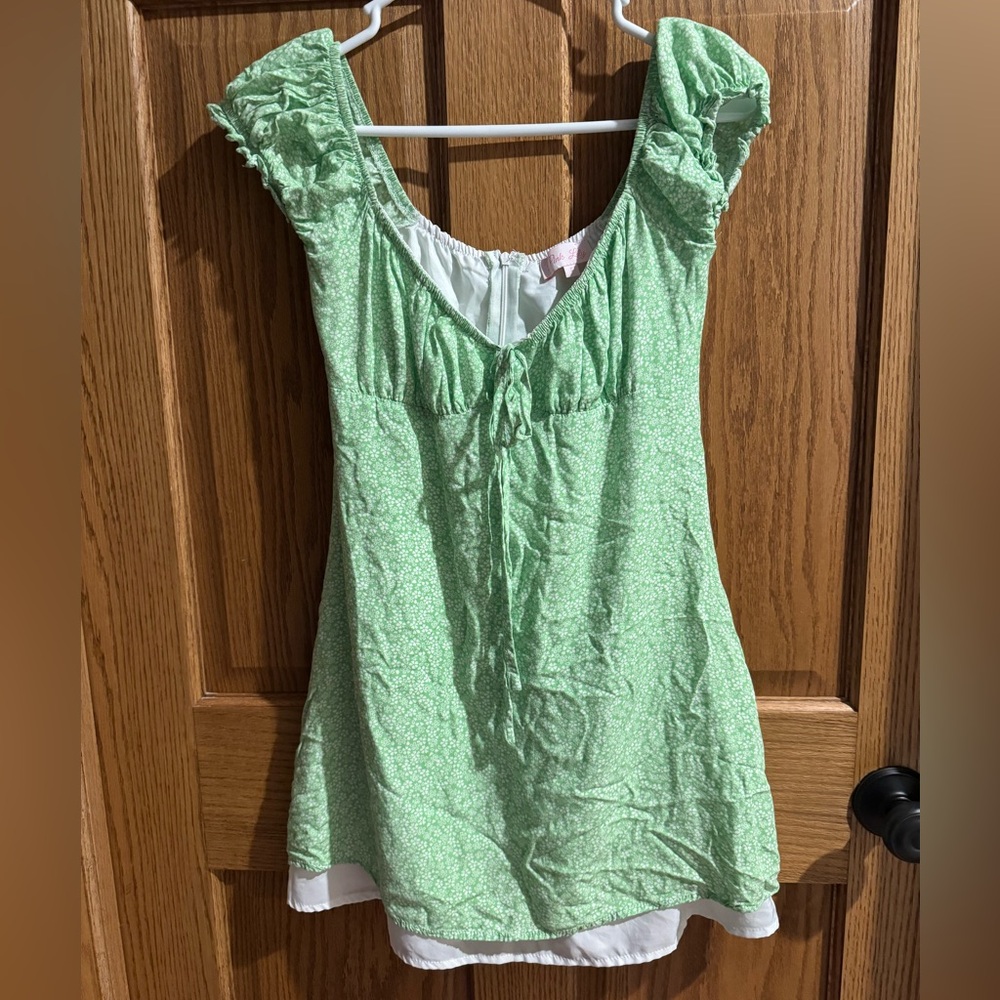 Pink Lily Green Ditsy Floral Tie Front Off Shoulder Babydoll Dress S